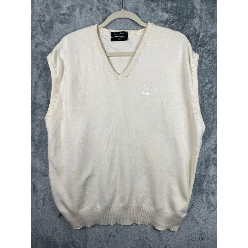 Vintage Christian Dior Monsieur Sweater Vest Mens XL Ivory V-Neck Pullover‎ USA